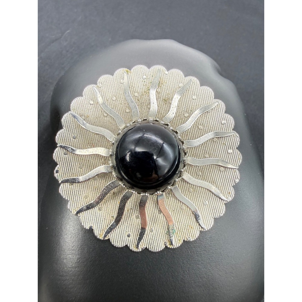 Sarah Coventry Vintage Silver Tone Black Cabochon Sunburst Brooch Pin 2.25in
